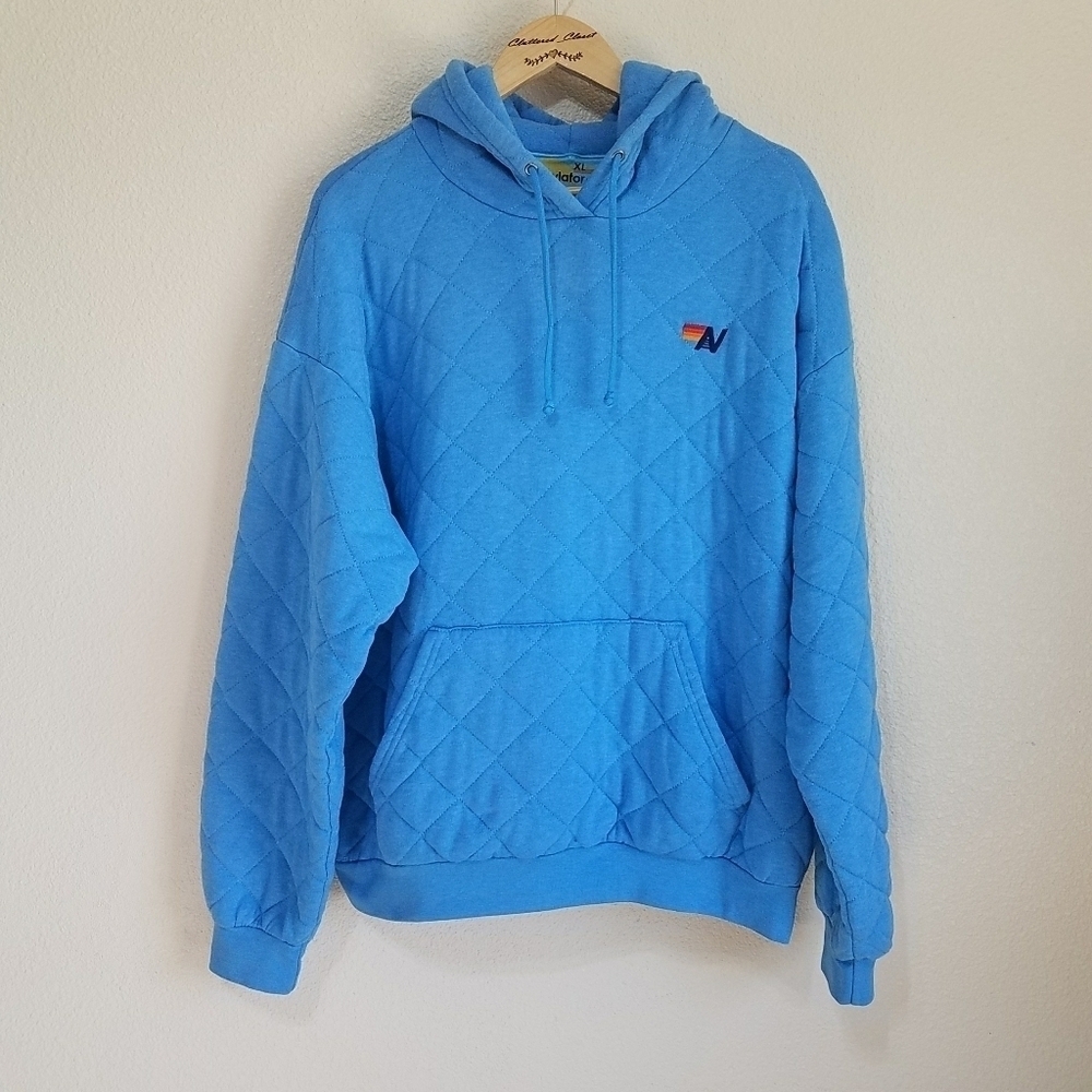 Aviator Nation Quilted Relaxed Pullover Hoodie in Ocean